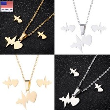 Fashion Women Stainless Steel Necklace Earrings Stud Jewelry Set Heartbeat Style