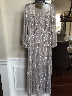 $795 Aidan Mattox Womens Gray Beaded Formal Gown Long Sleeve Size 6 Stunning!!