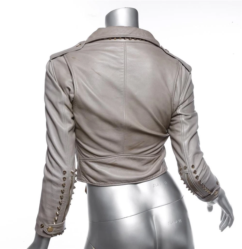 Abrigo Chaqueta Recortada BURBERRY PRORSUM Cuero Taupe Dorado Pico Tachonado 2 XS Foto 2 de 4