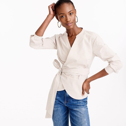 NWT £79 J.CREW Wrap Shirt Top in Striped Stretch Cotton French Navy Khaki  Petite | eBay