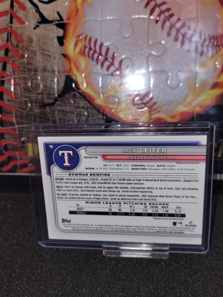 2024 Bowman Chrome Refractor RC #70 Jack Leiter Texas Rangers #/499 - Image 2 of 2