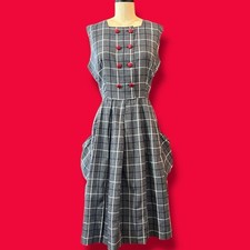 VINTAGE 50s 60s Daydress Windowpane Plaid Full Skirt Pockets Pinup Rockabilly