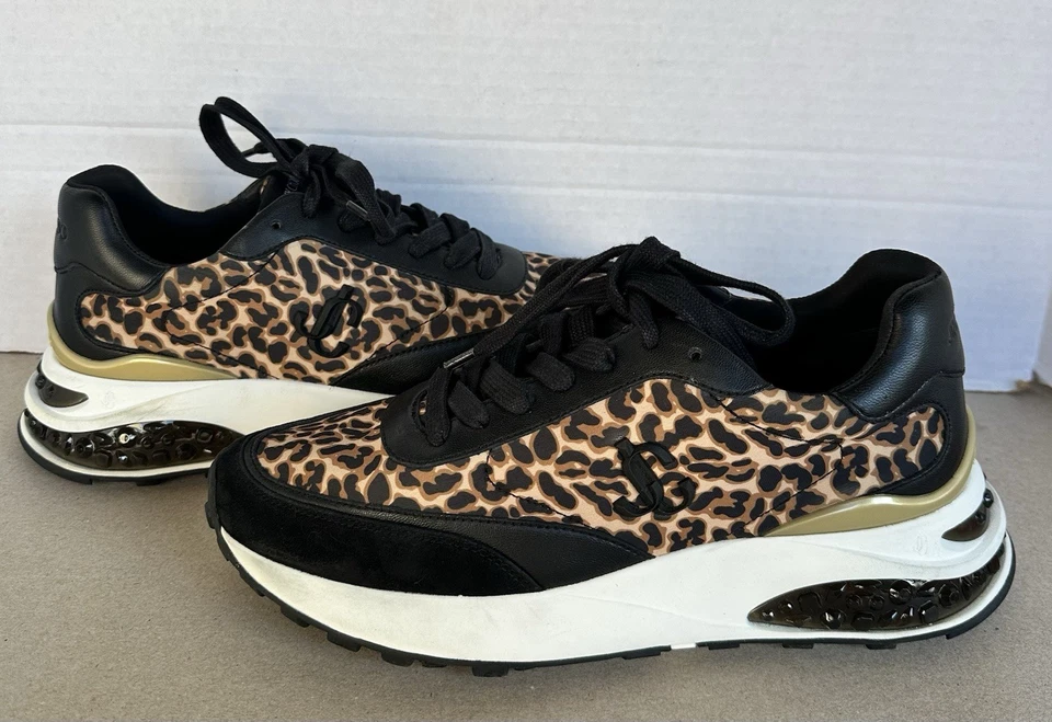 Jimmy Choo Low Cut Sneakers 40 1/2 Brown Black Leopard Gold Accent Shoes US 7.5 - Image 2 of 4