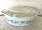 Pyrex 1.5 Qt Oval Casserole Dish Turquois floral w/Lid 10" x 7" x 3" VINTAGE