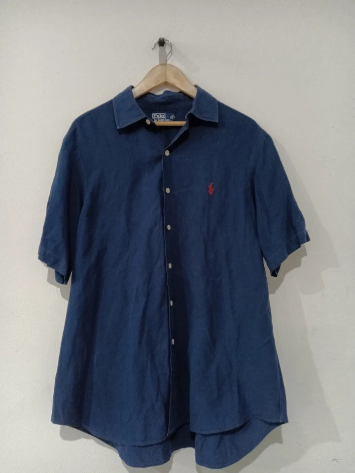 Рубашка мужская Polo Ralph Lauren L воротник на пуговицах шелковая льняная смесь синяя - Изображение 4 из 4