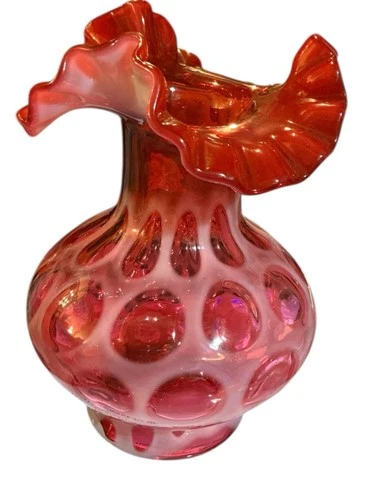 Fenton Cranberry Coin Dot With Opalescent Ruffle Edge  Vase