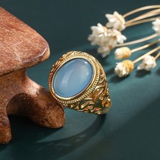 Gold Plated Imitation Chalcedony Ring, Women's Flower Opening Ring, Gemstone