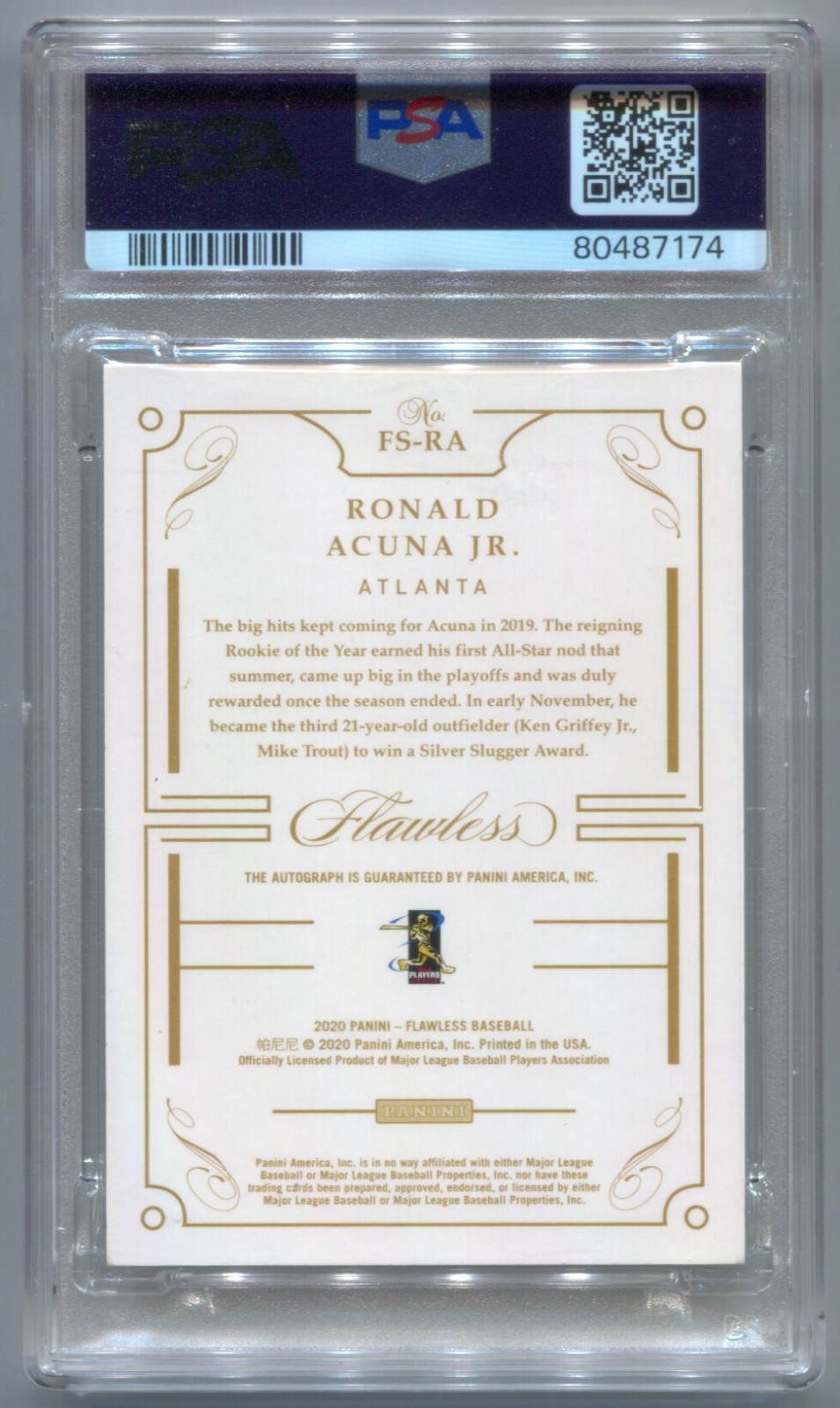 2020 Panini Flawless Ronald Acuna Jr. Autograph Gold Auto #10/10 PSA 9 view 2