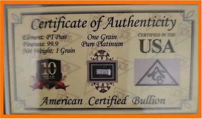 1 Grain Pure Platinum Bullion Minted Bar ~99.9 Fine ~ American Certified Bullion