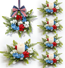 6 Pcs Mini 4Th of July Candle Ring Wreaths Patriotic Red White and Blue Artifici
