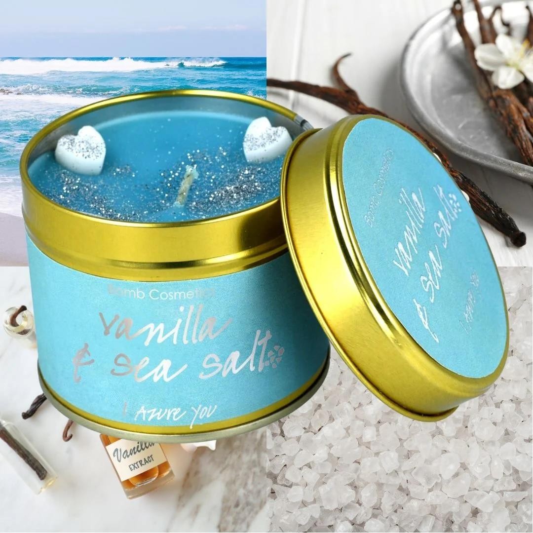 Scented Tinned Candle Vanilla Sea Salt Fresh Ocean Scent Glitter Hearts Gift