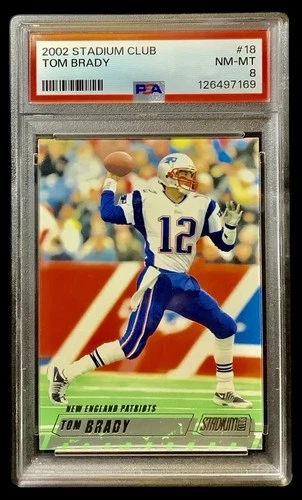 2002 topps stadium club #18 tom brady; inaugural year SP debut insert PSA 8