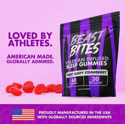 Beast Bites Sleep Gummies Valerian Infused Strawberry Natural Sleep Aid 60 Count