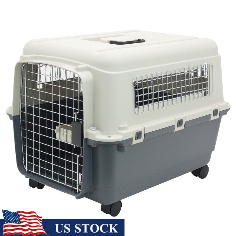 Medium Dog Kennel IATA Approved Travel Crate Plastic W/ Wheels Dishes Included