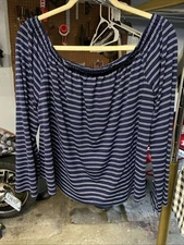 Women’s SO  Blue & White Striped Off The Shoulders 3/4 Sleeves  (XL).   (31)￼