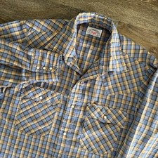 Vintage 70s Levi's Pearl Snap Shirt Mens Medium Blue Plaid Western Long Sleeve