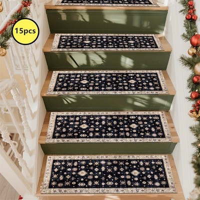 15pcs of Vintage Patterned Carpets with Rubber Non-Slip Backing, Non-Slip Stai