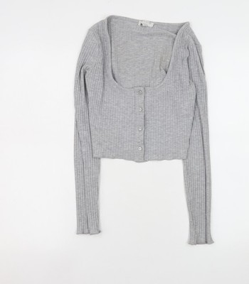 Pull&Bear Damen Grau Cropped Gerippt Knopfleiste Langarm Top Gr. 12