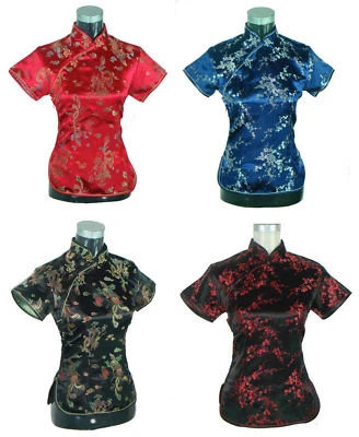 LAOGUDAI UK Stock Chinese Dragon & Phoenix Blossom Satin Short Sleeve Top Shirt Blouse