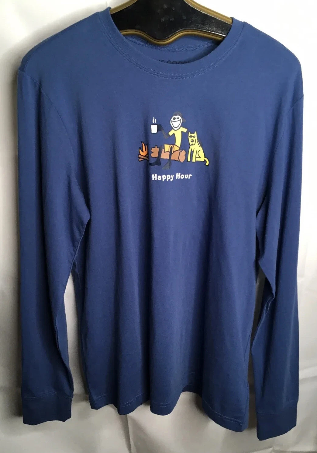 LIFE IS GOOD MENS TEE SHIRT “HAPPY HOUR” L/S JAKE-ROCKET CAMPFIRE Blue Sz M NWT