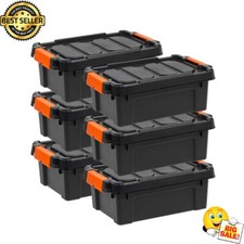 6 Pack Storage Bin Utility Tote Containers Stackable Heavy Duty Plastic Black US