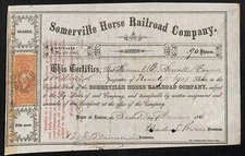 Somerville Horse Railroad Company 1866 #404 Stock Certificate Tax Stamp