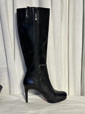 Nine West Womens Blk Leather Platform NWEVAH Knee High Heel Boots