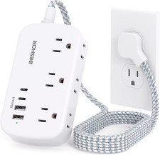 Flat Extension Cord, 5FT Flat Plug Power Strip with USB C, 6 Outlets 4 USB Port 