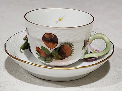 Herend Market Garden Fruits Bug Flat Tea Cup Saucer Handpainted Green Handle