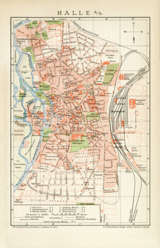 Halle Saale historischer Stadtplan Deutsches Reich Karte Lithographie ca. 1892 - Bild 1 von 10