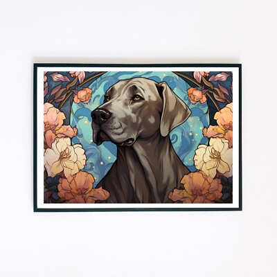 Weimaraner Hund Blumen Haustier Portrait Illustration 7x5 Wanddeko Kunstdruck 