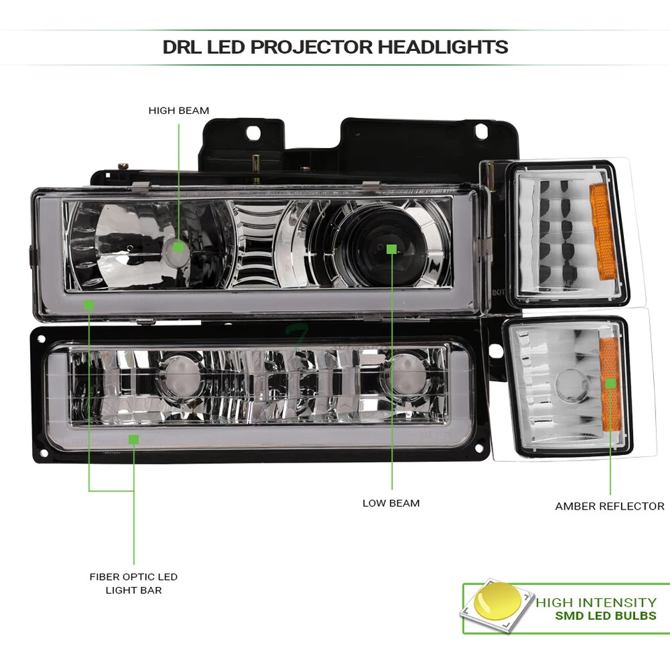 Topline For 94-00 Chevy C10 C/K LED Bar Projector Headlight+Corner+Bumper Chrome Foto 3 de 4