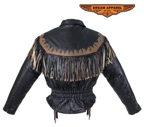 Ladies Black Leather Westerns Style Fashion Jacket With Studs And Fringes - Picture 4 of 6