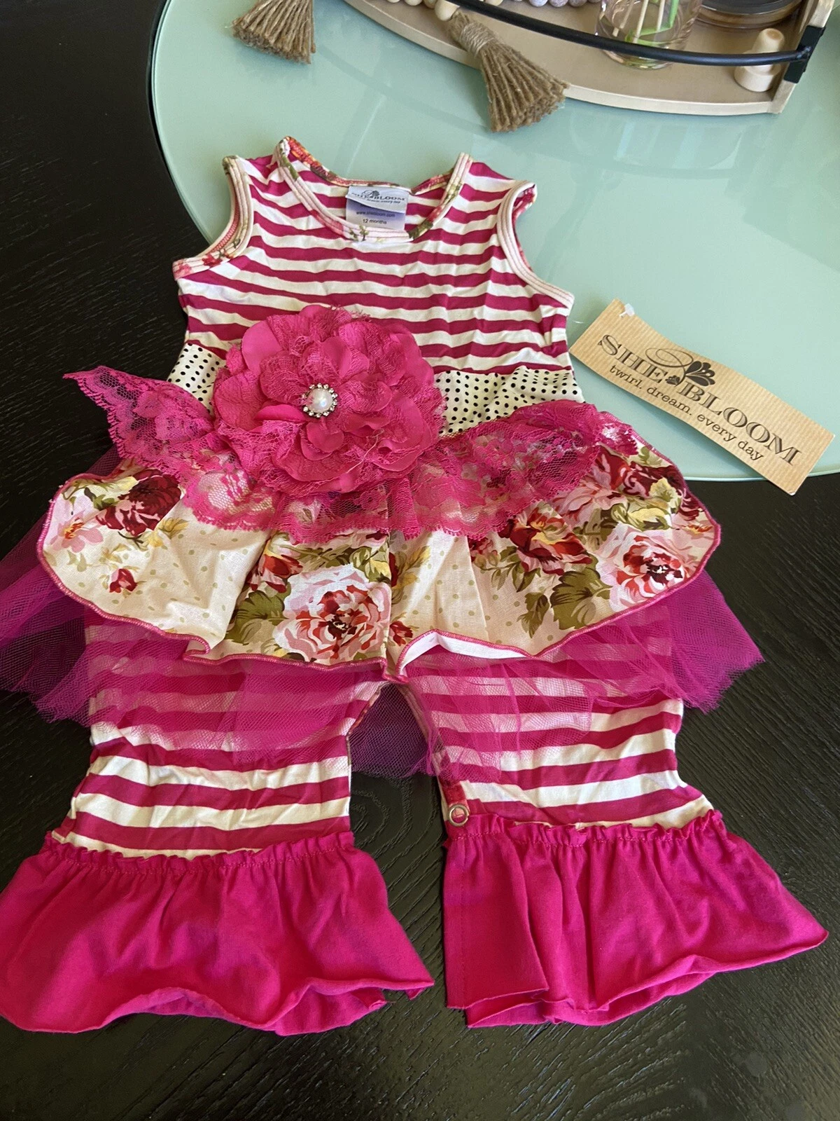 She Bloom Girls Boutique Rose Flower Romper 12 Month With Large Hot Pink Flowe