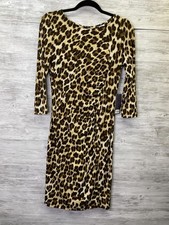 Jennifer Lopez Dress Womens M Brown Leopard Bodycon Midi Ruched Zip 3/4 Sleeve
