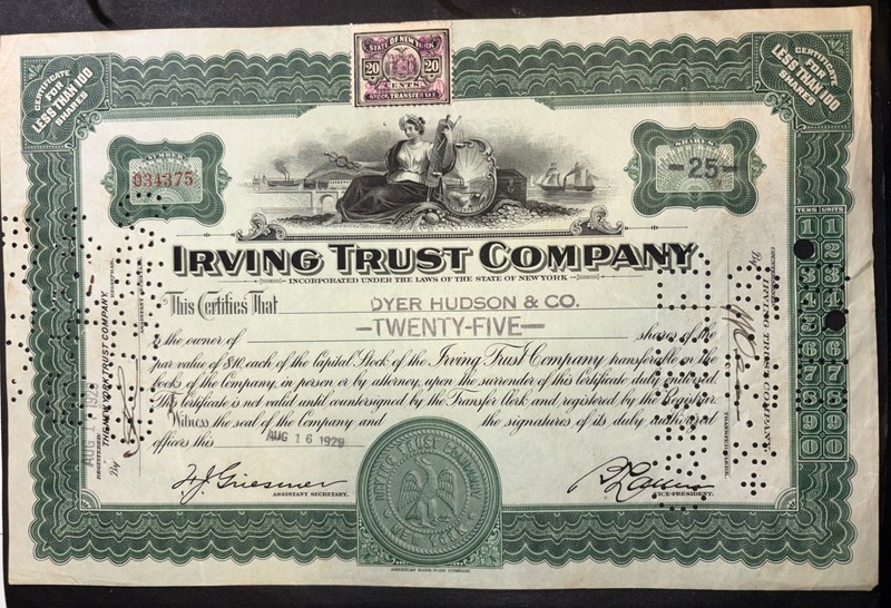 Irving Trust Stock Certificate w/ NY Revenue Stock Transfer Stamp