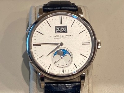 A LANGE & SOHNE SAXONIA MOONPHASE WHITE GOLD BOX & PAPERS NEW NAVY STRAP 384.026