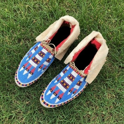 Native American Regalia Style Beaded Powwow Moccasins Blue Multicolor  MC638