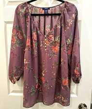 Chaps Women's 2X Purple Floral Chiffon V-Neck 3/4 Sleeve Tunic Blouse EUC