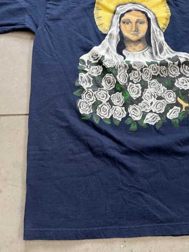 Vintage 90s Virgin Mary Religious God Jesus Christ Navy Blue Tee Shirt Sz L - Picture 3 of 15