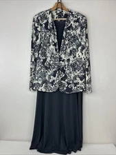 Jessica Howard Women’s 16 Gray Ivory Floral Sequin Sleeveless Dress Jacket Set