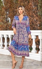 NWOT R.Vivimos LS Floral Print Retro VNeck Tassel Bohemian Midi Dress Size M