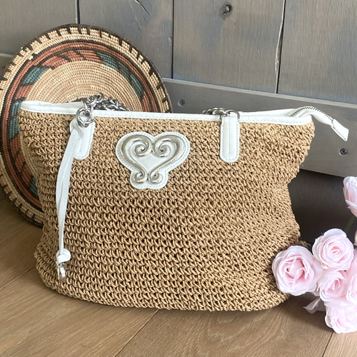 Brighton Gabi Woven Straw White Leather Trim Silver Medium Tote Shoulder Bag - Picture 6 of 23