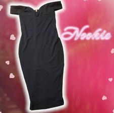 NOOKIE Black Off Shoulder Short Sleeve Knee Cocktail Body Con Dress S Midi