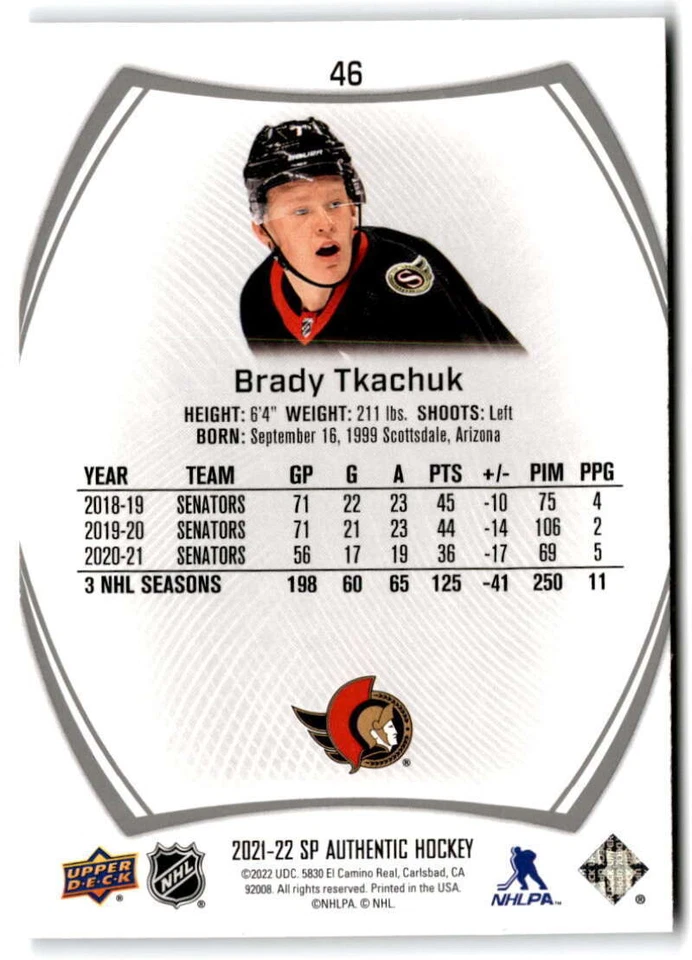 2021-22 SP Authentic #46 Brady Tkachuk  Ottawa Senators Hockey Card  - Image 2 of 2