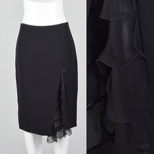 S Emanuel Ungaro Black Silk Pencil Skirt Sheer Ruffle Slit Classic Separates