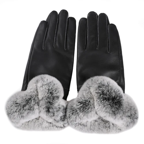 Women's Winter Genuine Leather Gloves Rex Rabbit Fur Warm Trim Cuff Velvet Lined - Picture 65 of 88