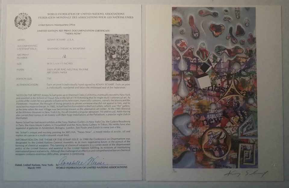 PINTURA LITOGRÁFICA FIRMADA POR KENNY SCHARF (1958) EE. UU. NACIONES UNIDAS con certificado de autenticidad WFUNA Foto 2 de 4