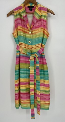 Rainbow Stripe Silk Belted Anne Carson Vintage 90s Dress Women’s Size 14