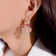 Gold Plated Symmetrical Long Flower Drop Cubic Zirconia Earrings for Women Party